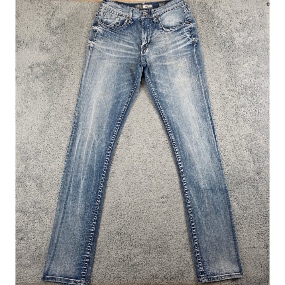 BKE Jake Jeans Mens 30XXL Blue Straight Leg Distressed Whiskered Heavy Wash